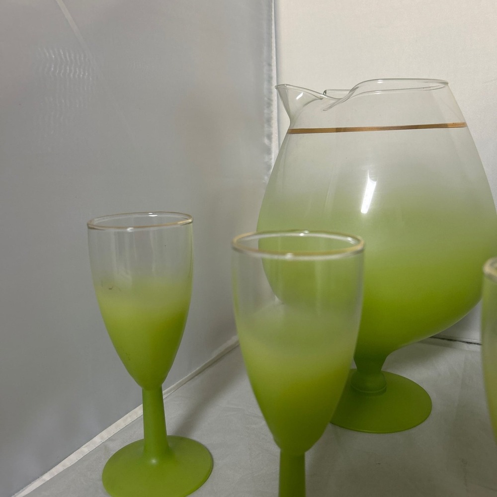 Rare BLENDO‎ Lime Green Brandy Snifter Pitcher and 6 glass flutes